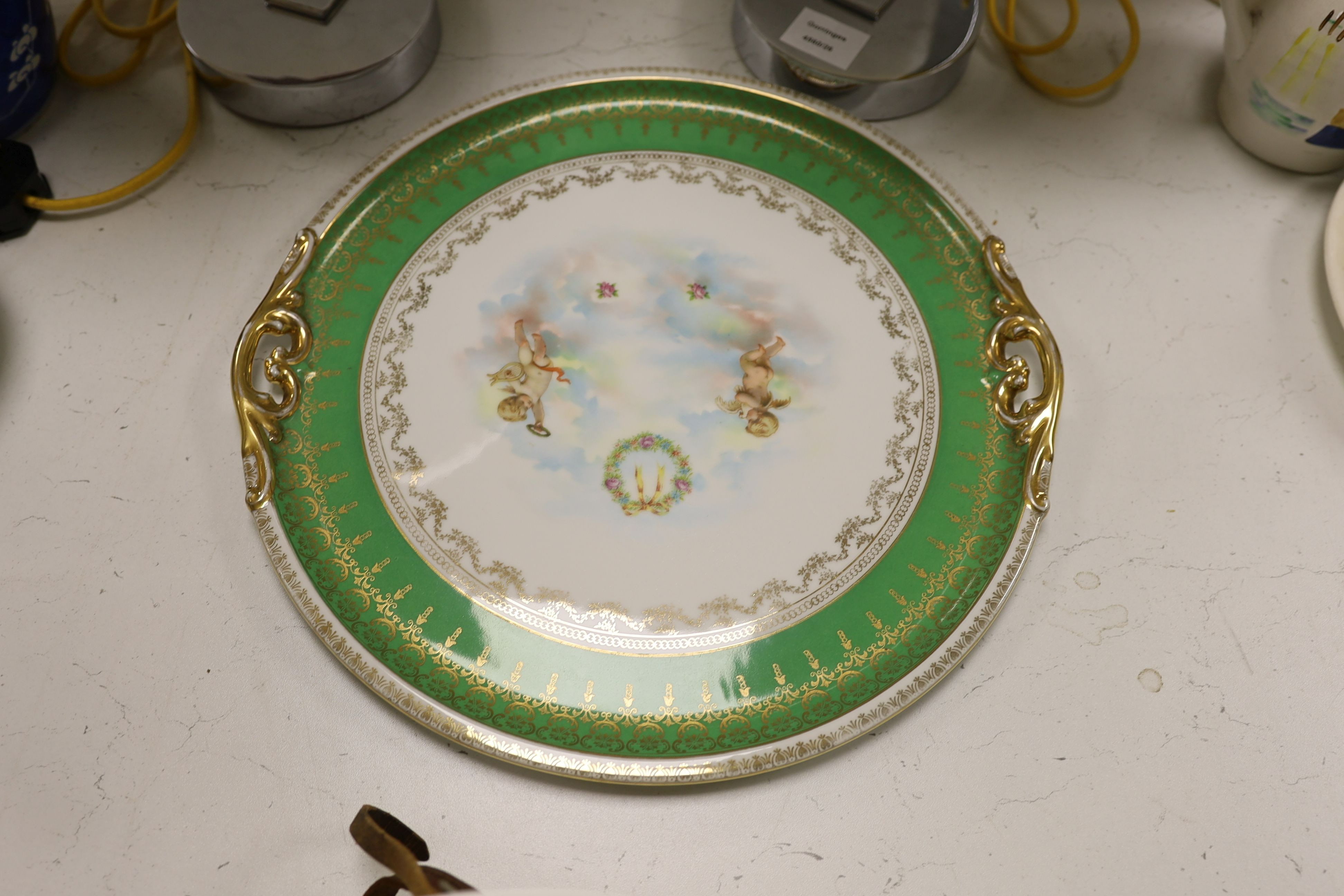 Two Sevres Louis Philippe service monogrammed dishes, dated 1842, 30.5cm a Meissen Deutsche Blumen Marcolini period square dish and two other continental porcelain dishes